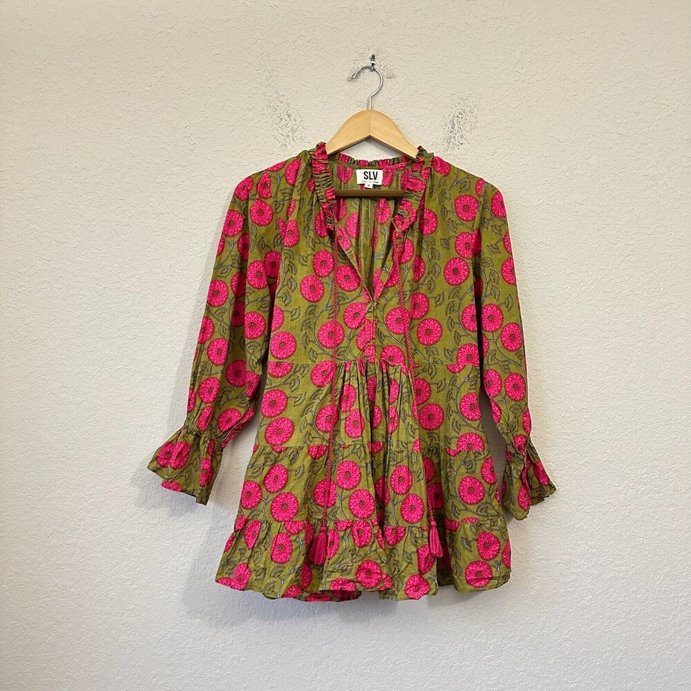 SLV Sur La Vague Tasseled Hot Floral Print Long Sleeve Mini Dress in Multi
